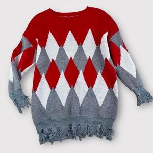 SHEIN Argyle Fringe Hem Sweater Women’s Medium Red Gray White